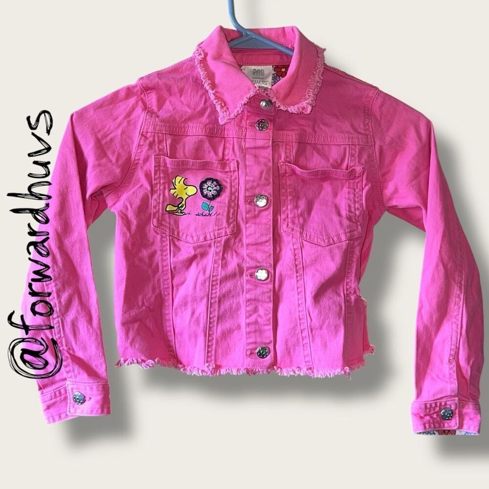 Peanuts Pink Denim Jacket – Snoopy & Woodstock Floral, Size 7